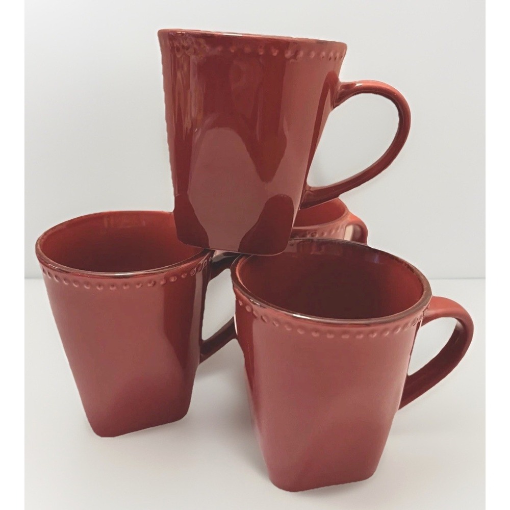 Lorren Home Trend Coffee Mug Set 4 PC Beaded Red Square Retro Folk Country Farm